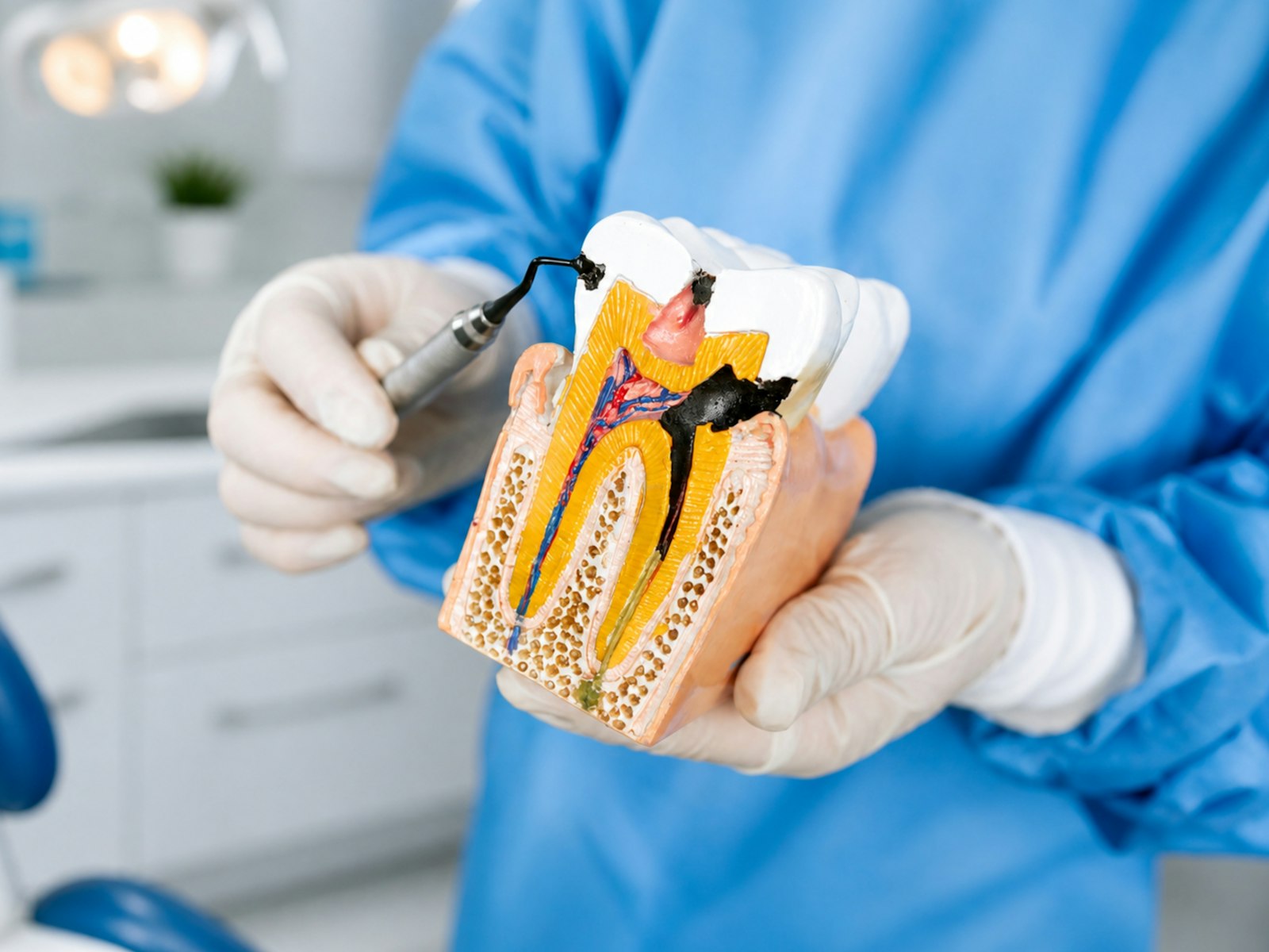 Dentist showing a crown restoration model for a damaged tooth