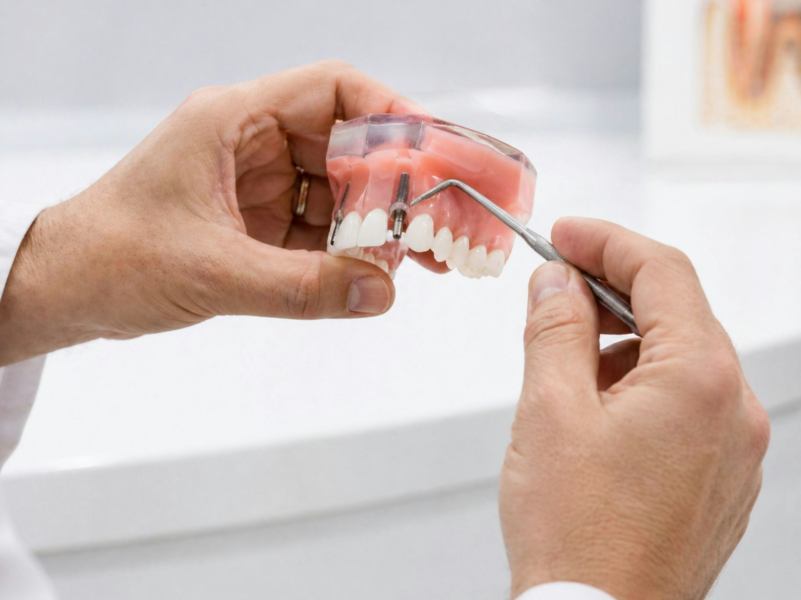 Dentist demonstrating a dental implant model