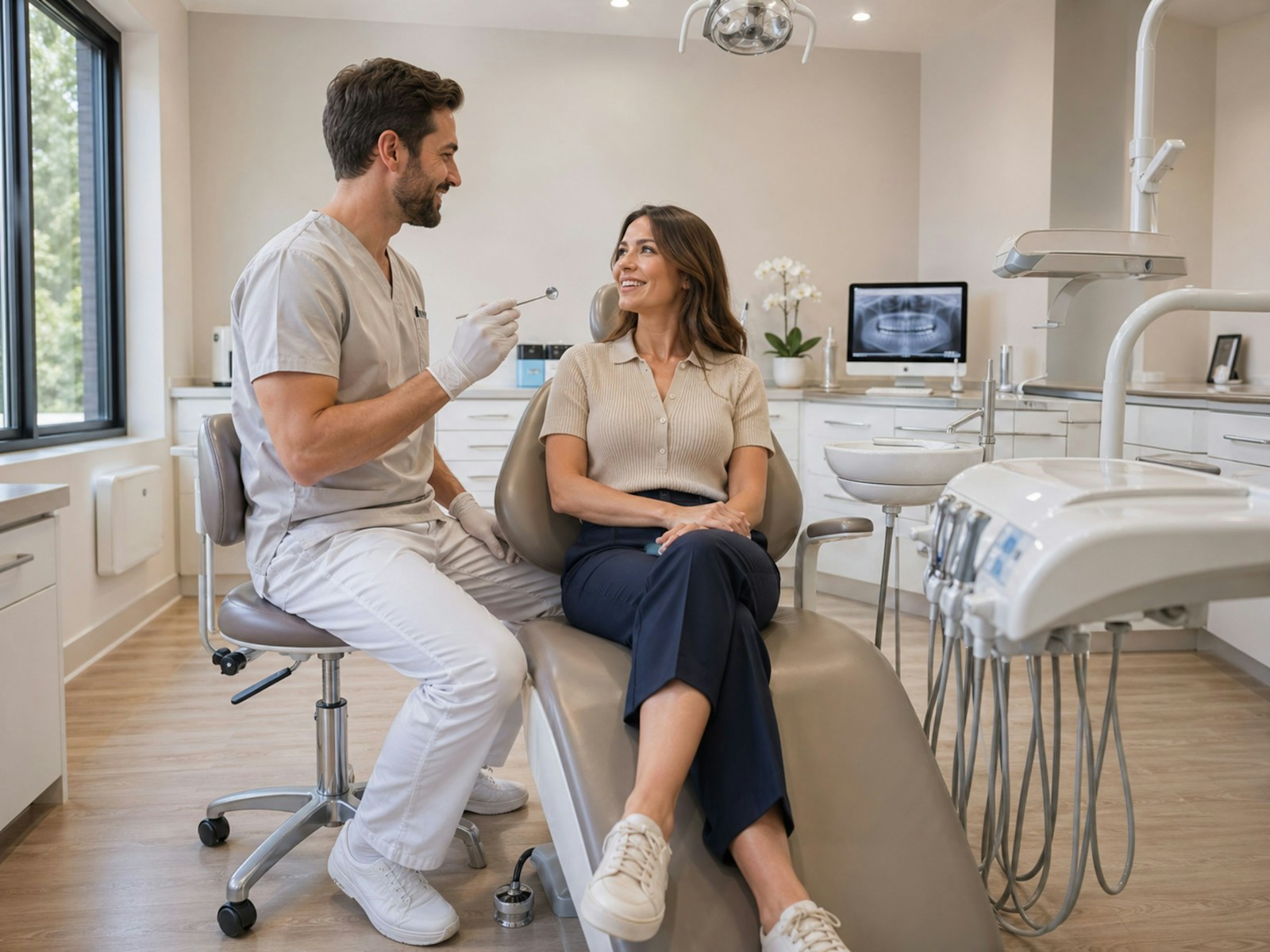 Dentist talking with a patient during a routine dental visit